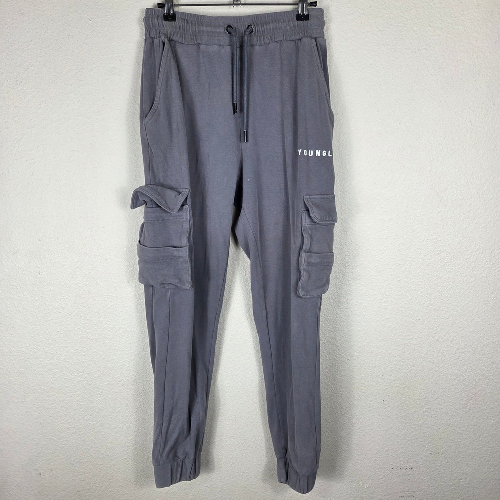 YoungLA Mens Small Gray Cargo Jogger Sweatpants Tapered Gym Streetwear Pants